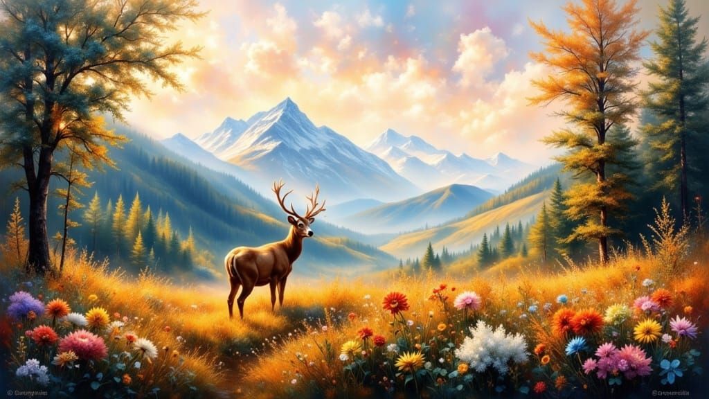Mystical Deer in Valley of Flowers, Bob Ross Style