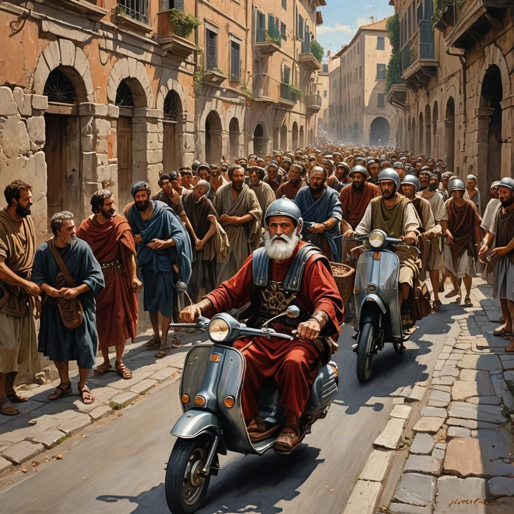 Roman Centurion's Vespa Ride: An Oil Painting