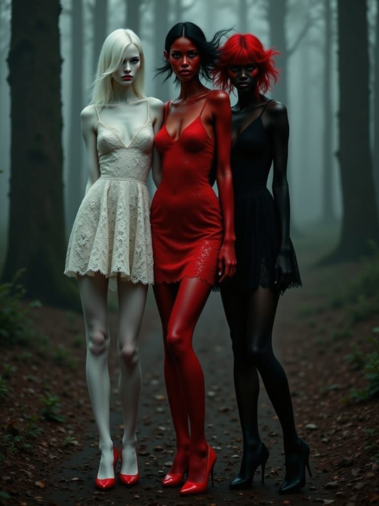Three Ethereal Women in Red Lace and Black