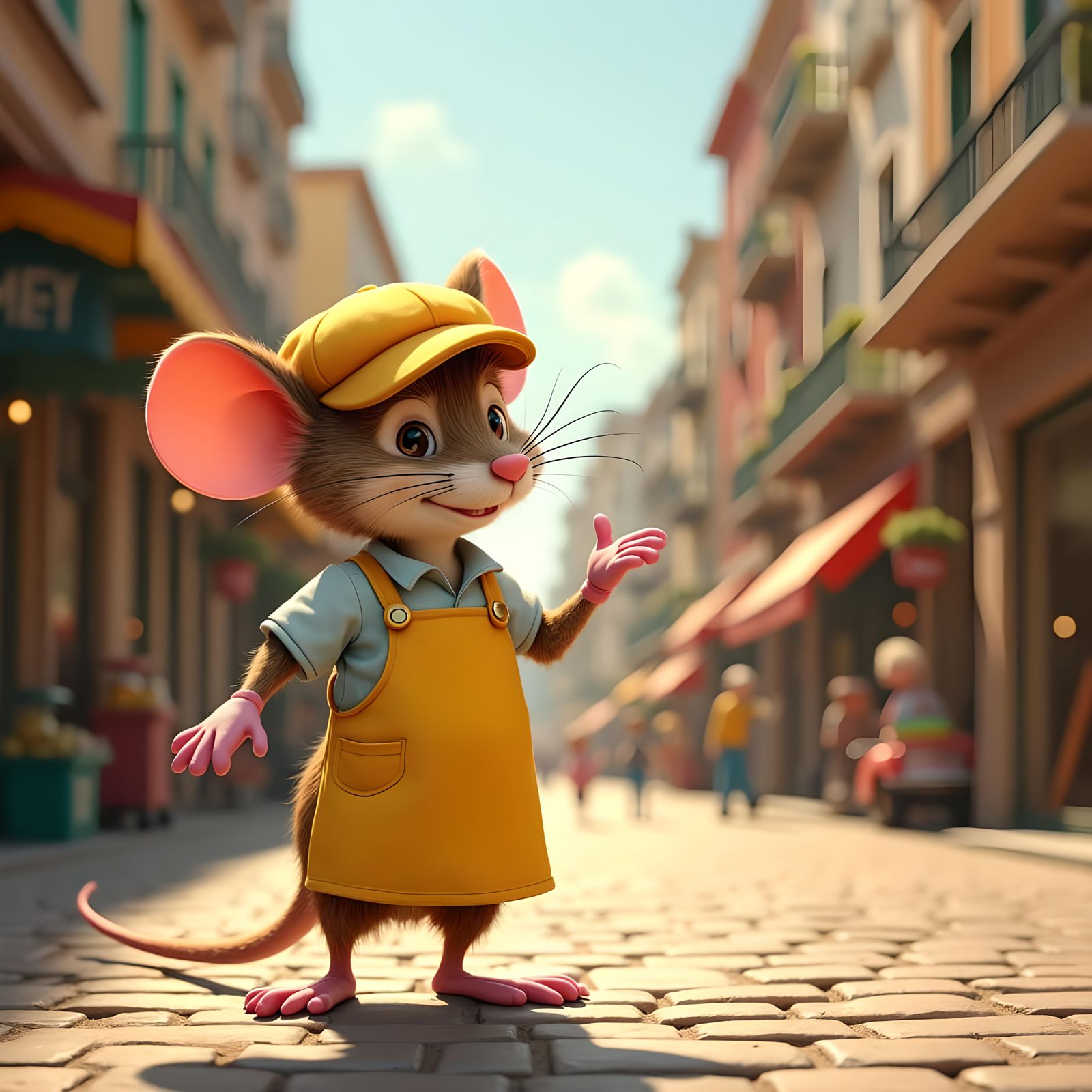 Cheerful Realistic Mouse Greeter on Sunny City Street