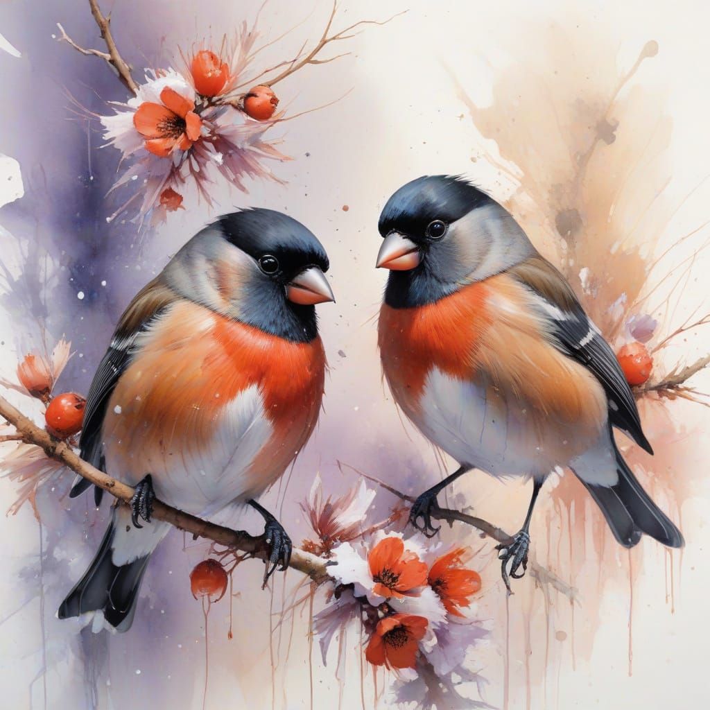 Bullfinches in Winter Twilight: Pastel Realism