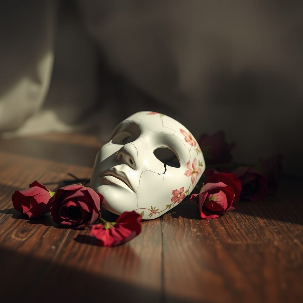 Cracked Porcelain Mask with Roses in Misty Fog