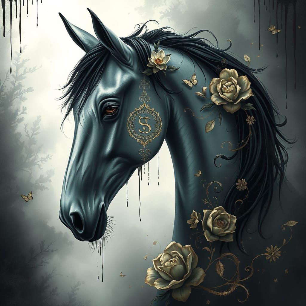 Illustration of horse, intricate calligraphy smoke ink, beauty portrait, gothic, flower, dripping black gold paint, styl...