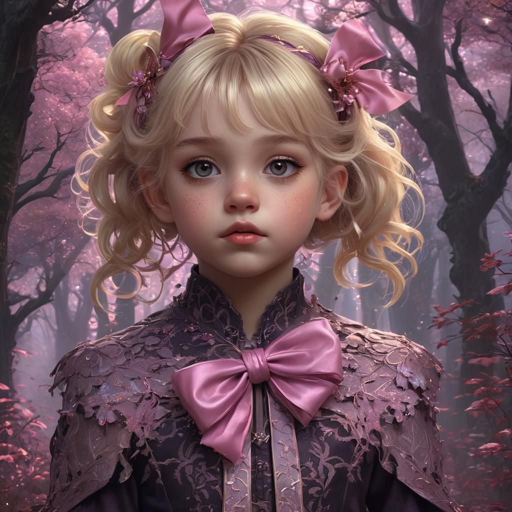 Mystical Forest Girl with Glitter Bow: Dark Fantasy Art