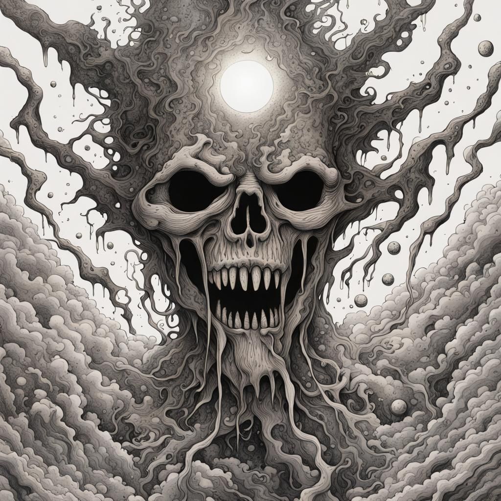 Horror-Themed Space Surrealism in Japanese Ink Drawing