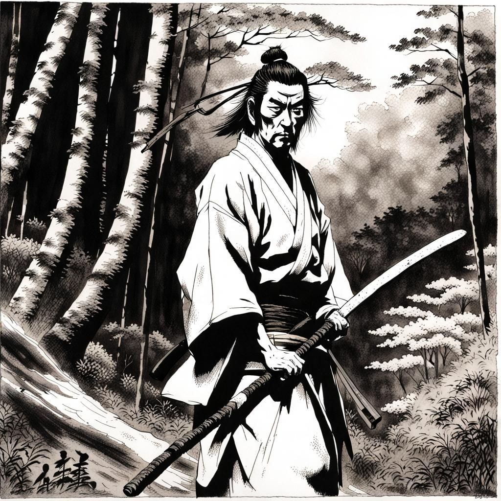 Miyamoto Musashi Ink Drawing in Japanese Forest