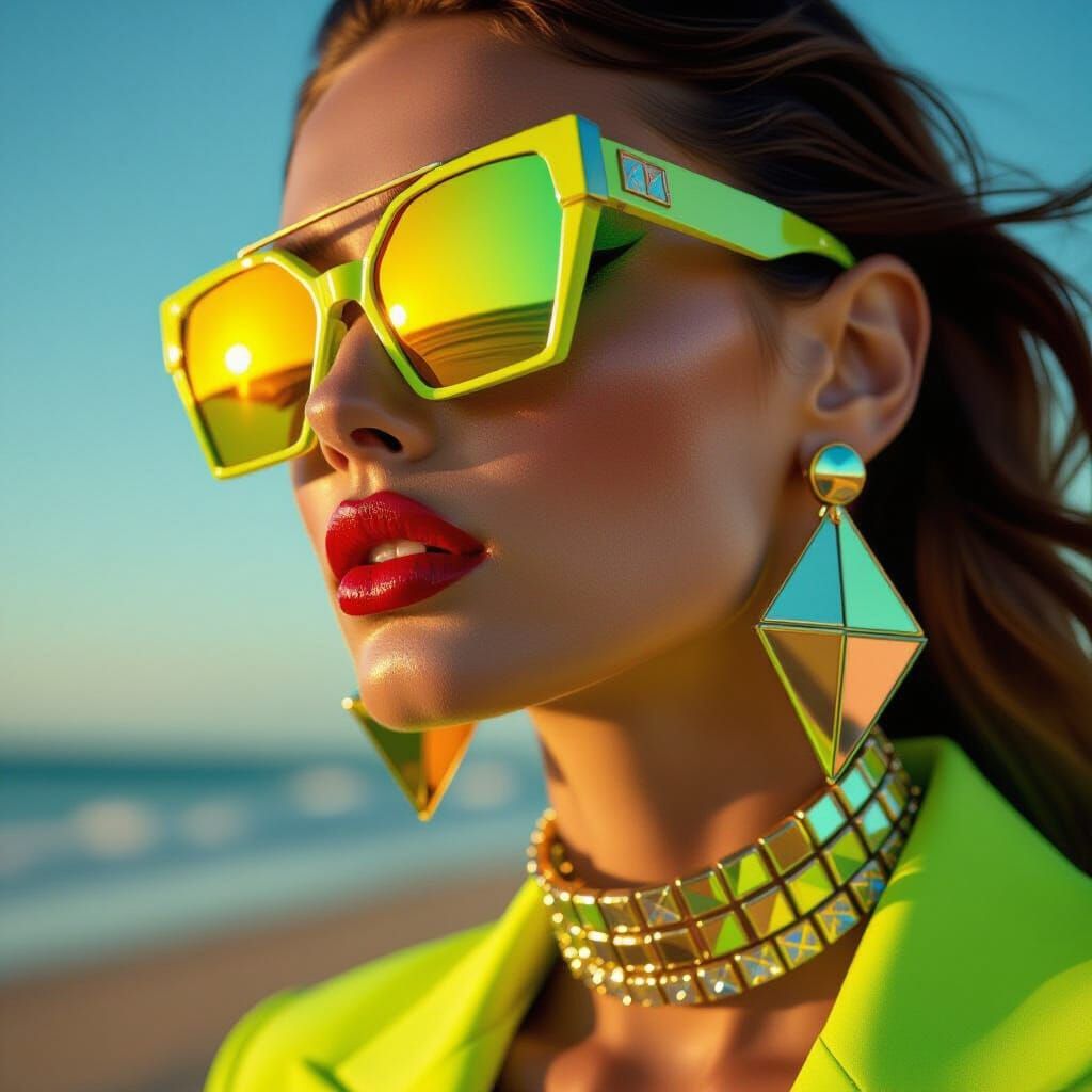 Futuristic Fashion Model on Beach in Neon Green Outfit