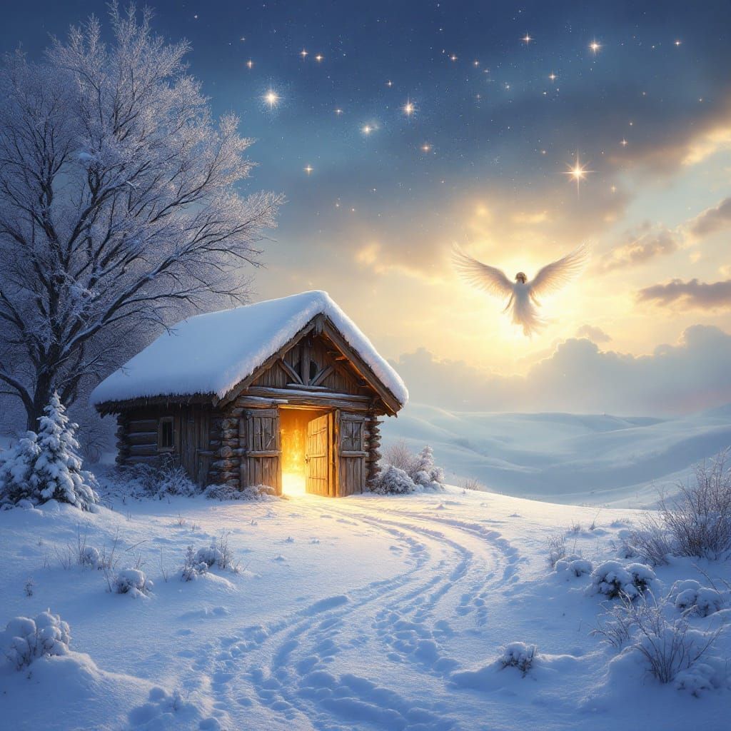 Glowing Stable Scene with Angelic Host in the Snow