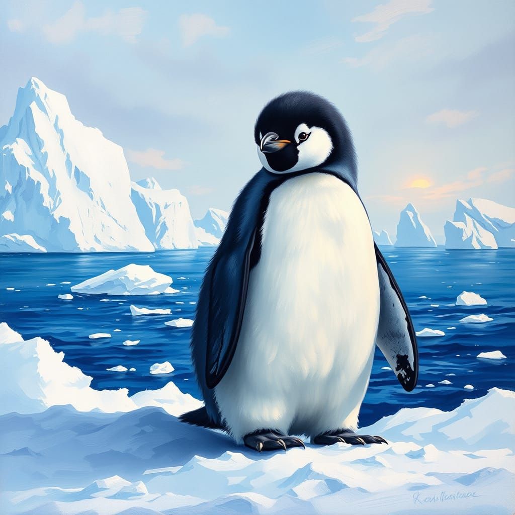 Baby Penguin in Antarctic Dawn, Impasto Gouache Style
