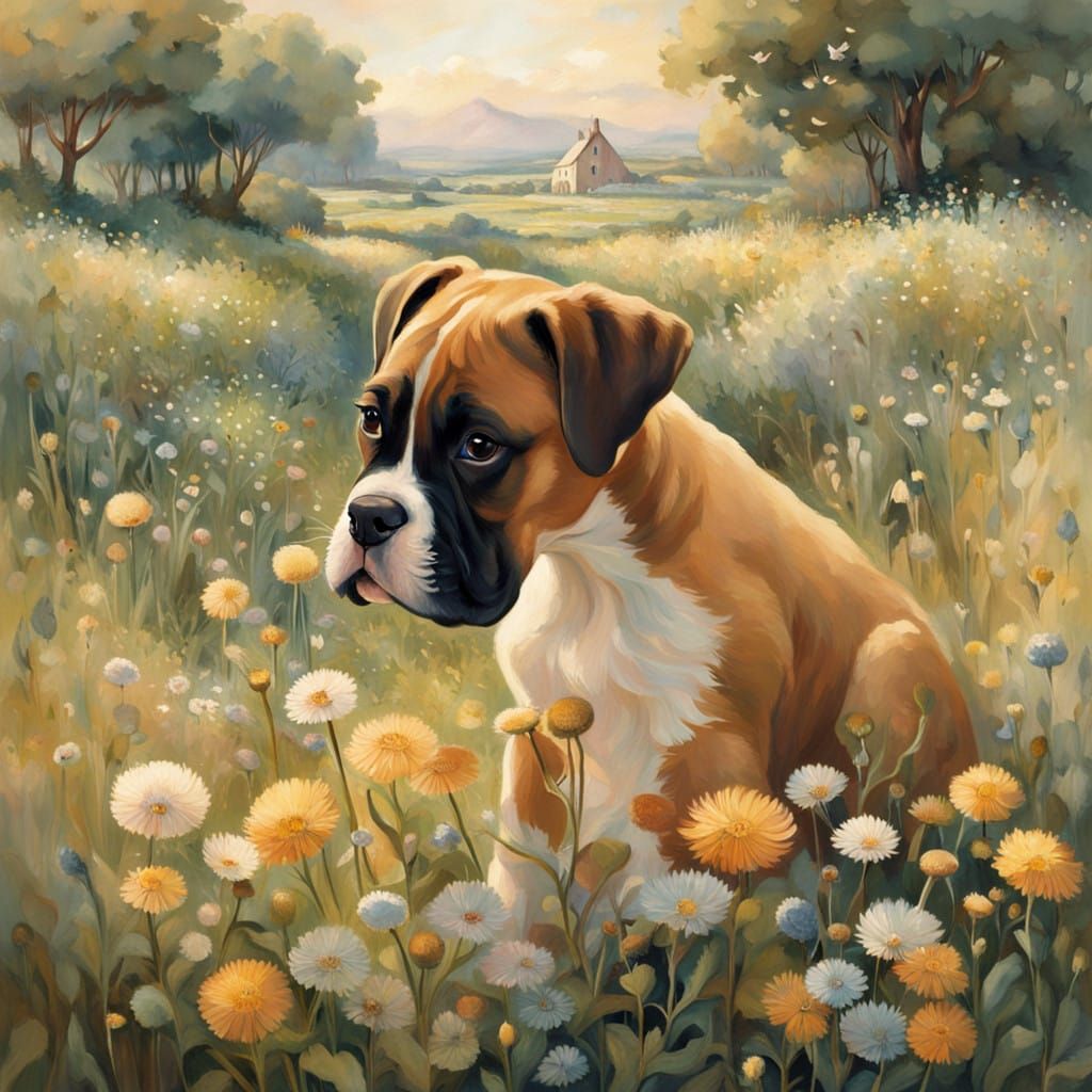 Golden Boxer Puppy Surveys Vibrant Wildflowers in Sunny Mead...