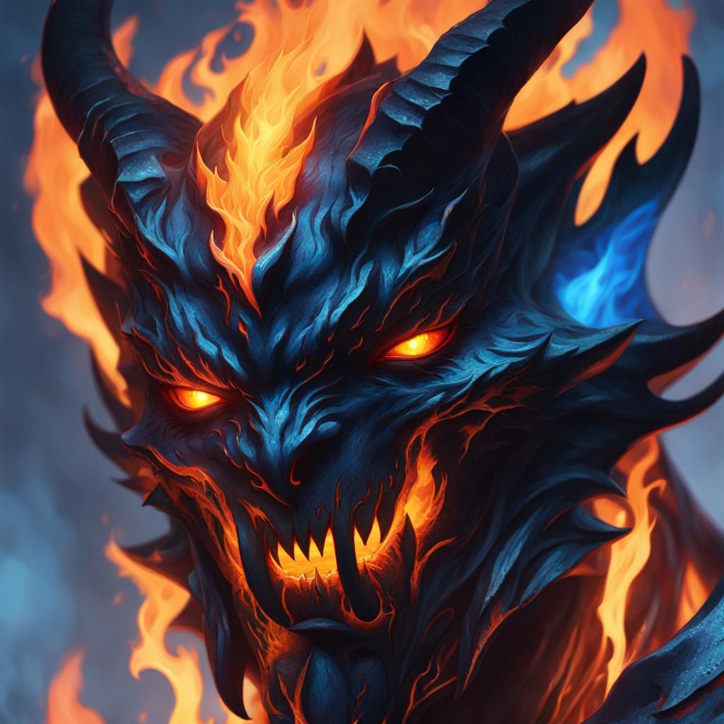 Demonic Teen in Blue Flames, Digital Art Portrait