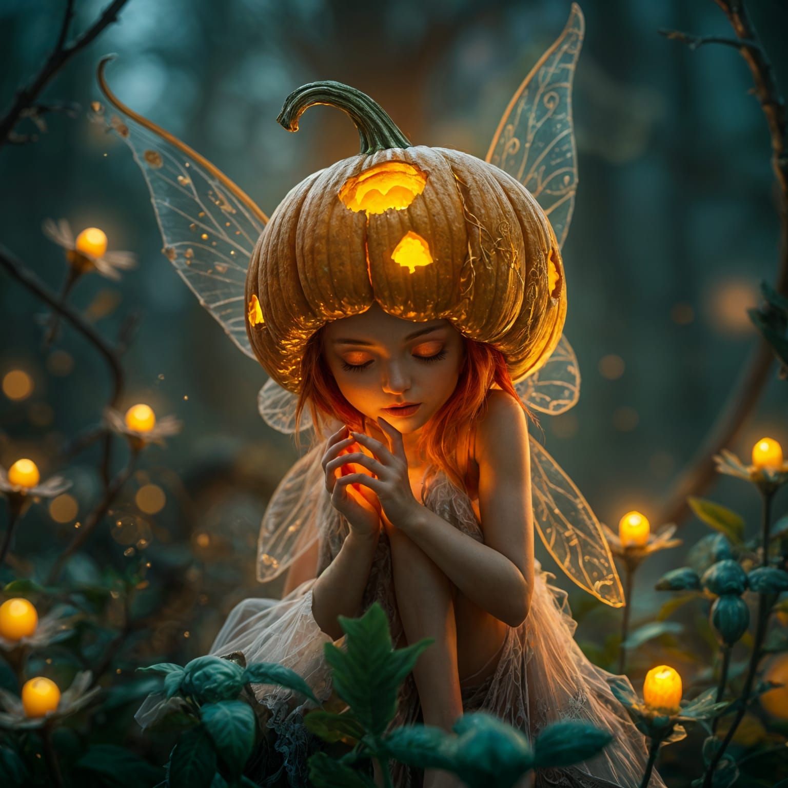 Hyperrealistic Fairy with Pumpkin Head Detailed