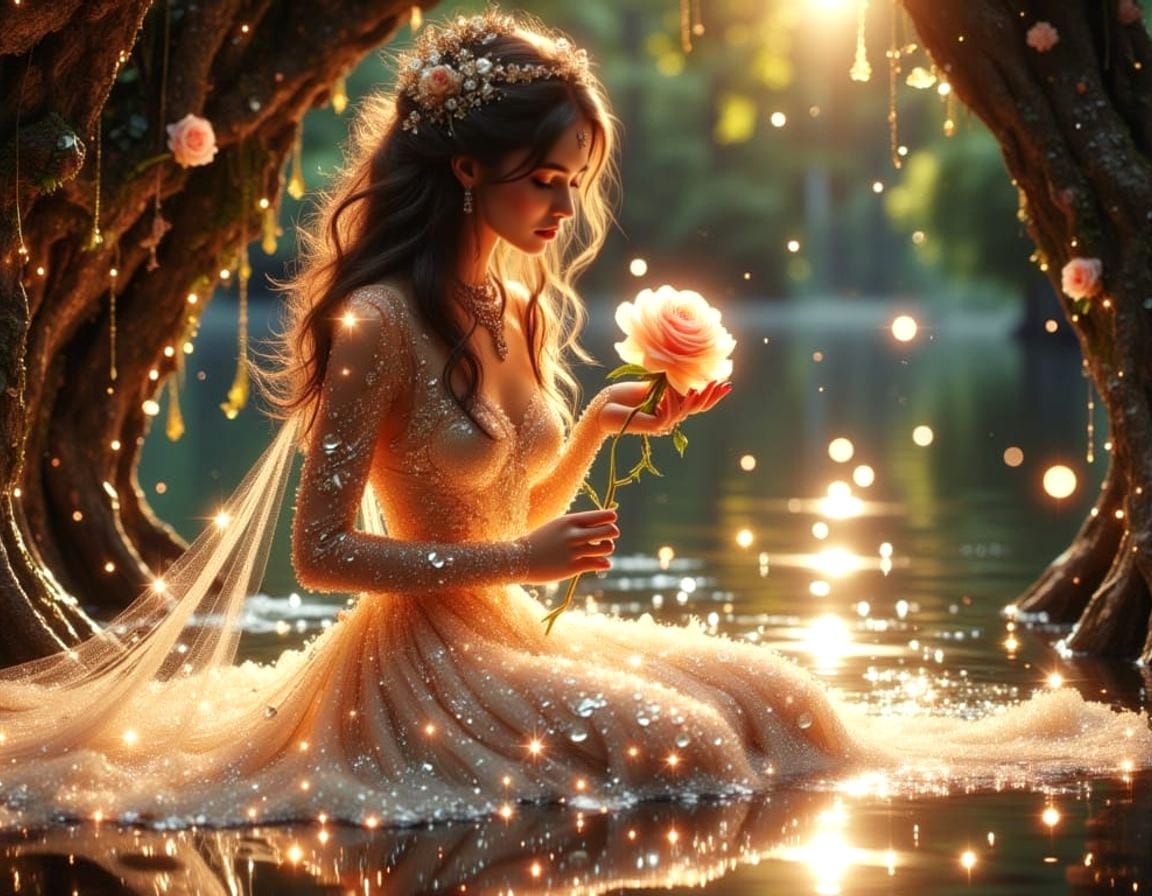 Vampire Woman with Glowing Rosebuds in Ethereal Cave