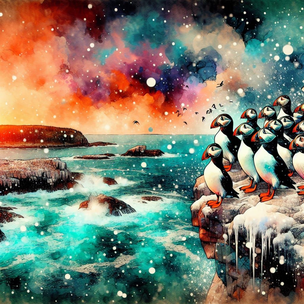 Puffins at Bird Rock: a Surreal Watercolor Illustration