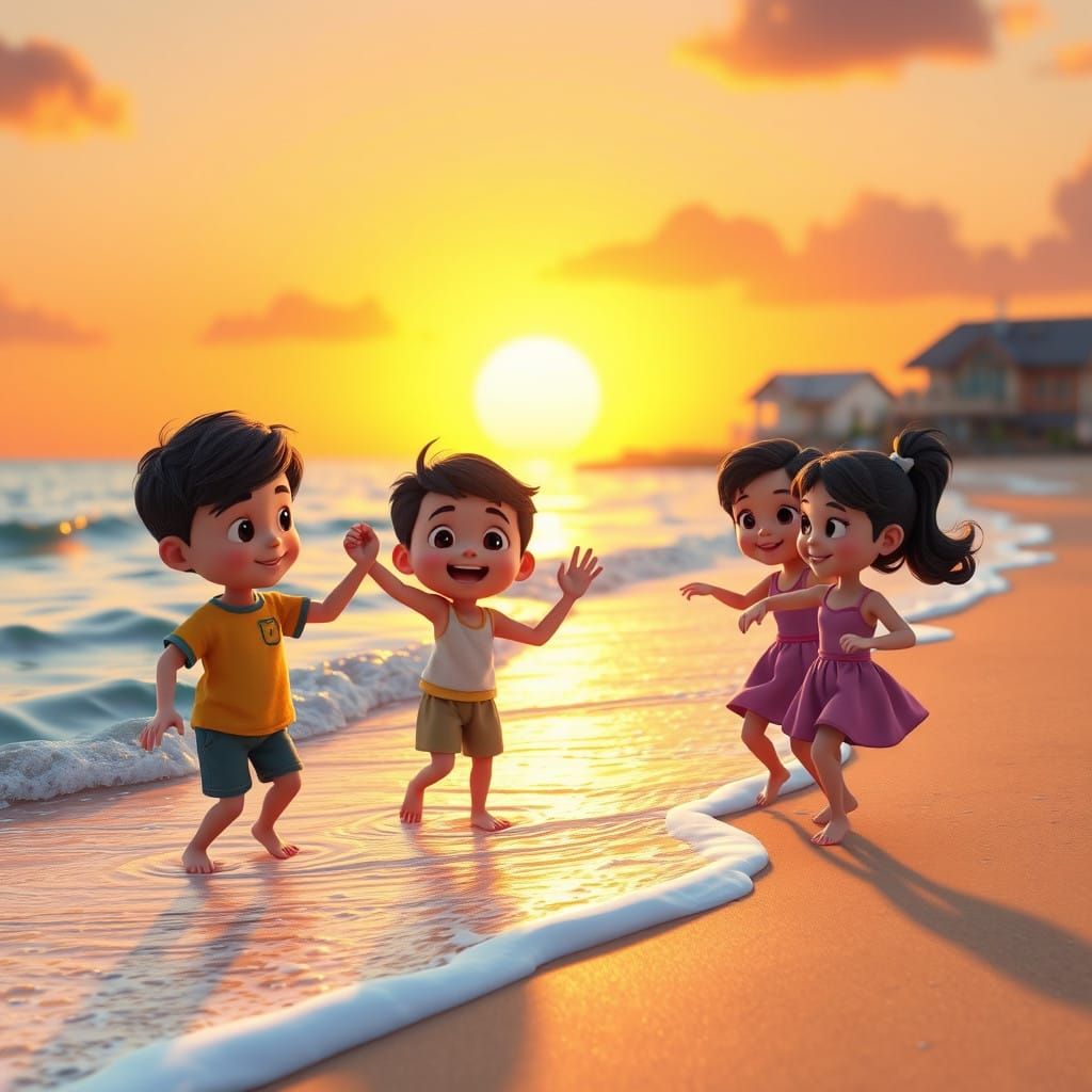 Joyful Beachside Dance in Vibrant Sunset Colors