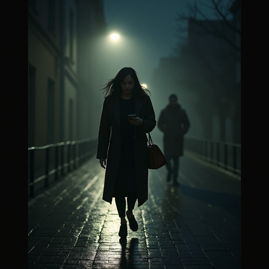 Woman Walks Down Dark Street in Noir Film Style