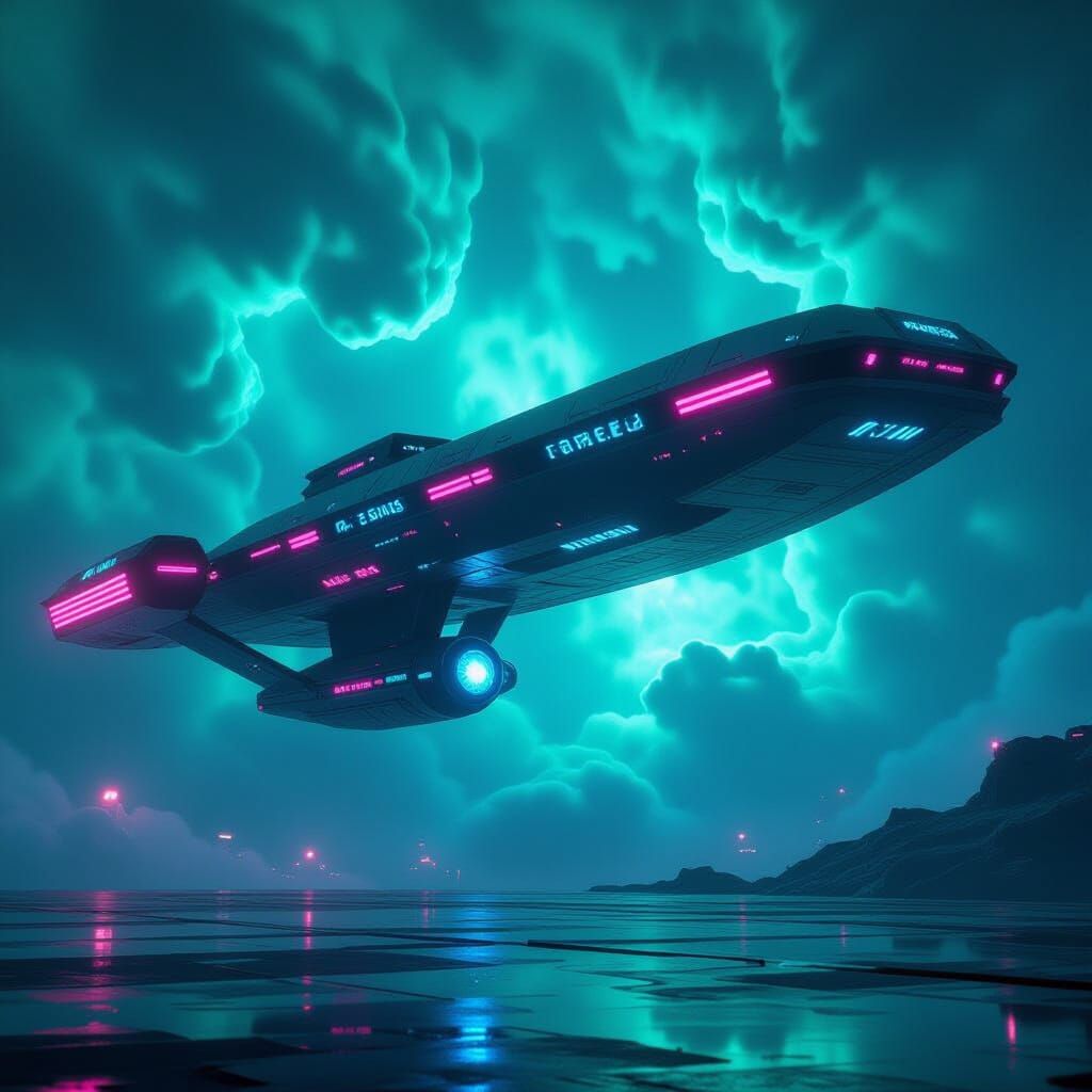 Cyberpunk Starship with Neon Lights in Nebula