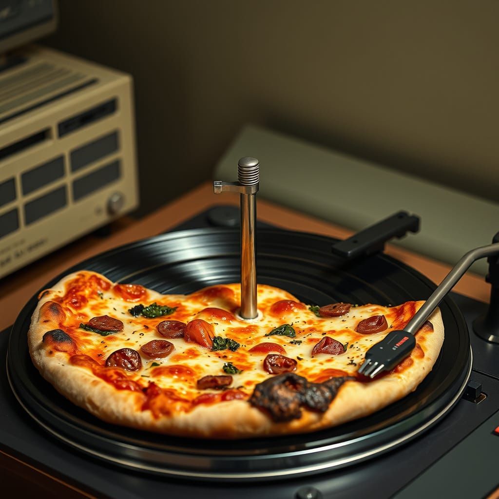 Pizza on a Turntable in Retrofuturistic Style