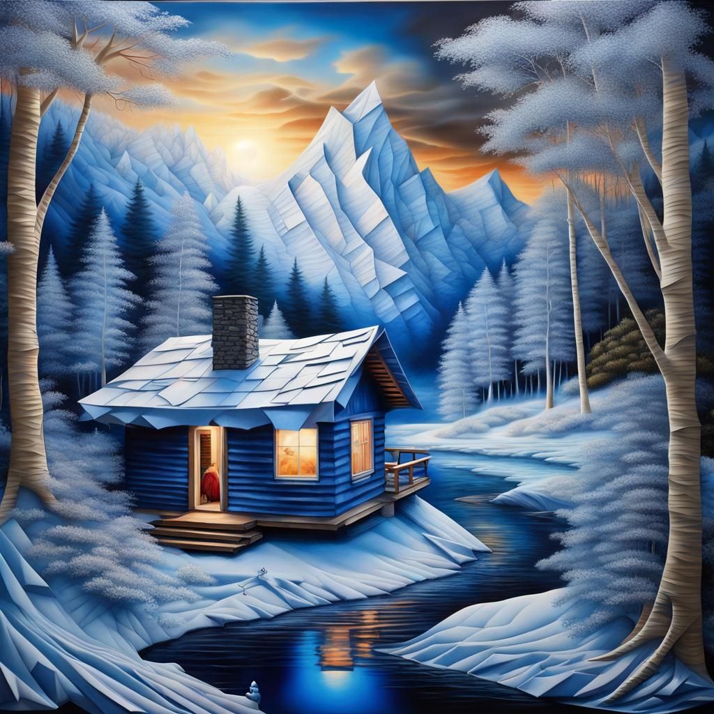 Origami Cabin in Mountain Sunset Landscape