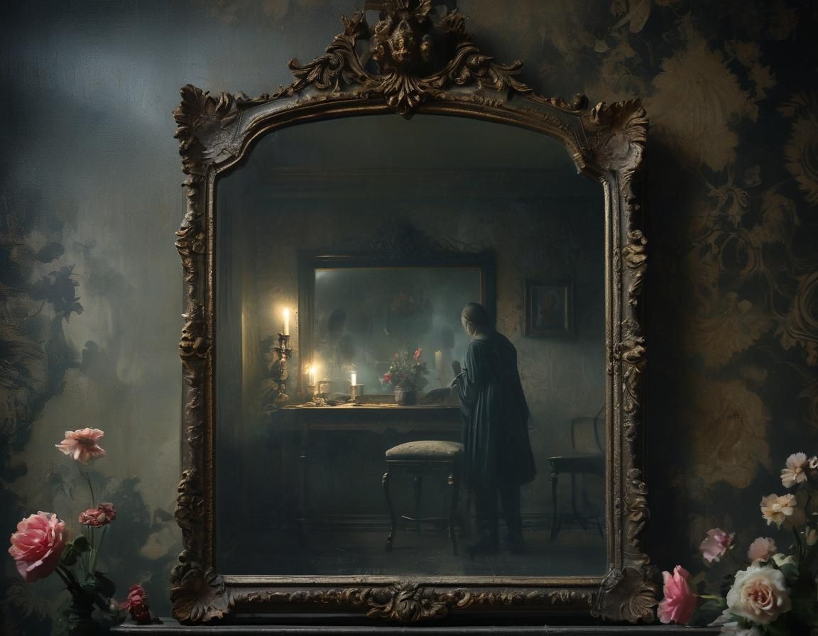Haunted Mirror Reflecting Ghostly Figures in Dark Romanticis...
