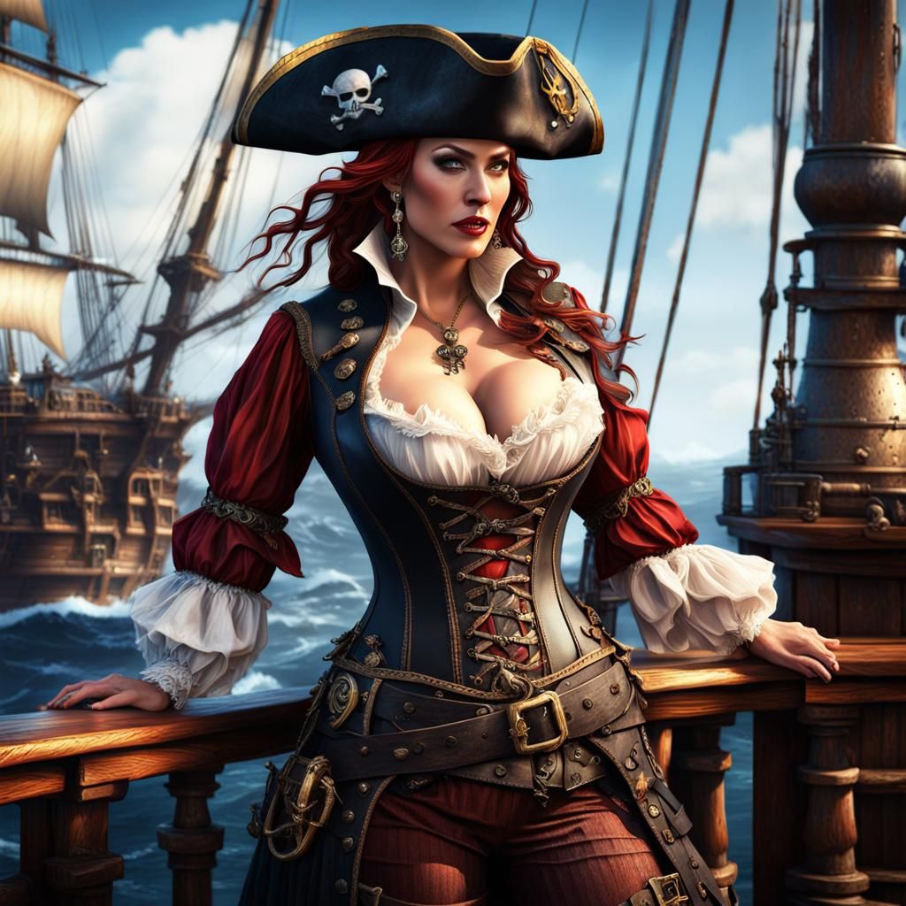 Mature Pirate Captain on Deck in Detailed Matte Painting