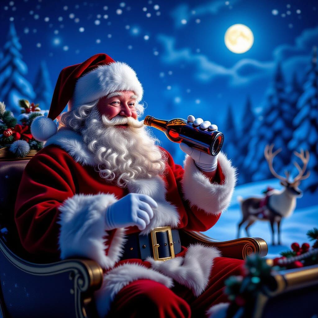 Santa Claus Enjoying a Drink in His Sleigh
