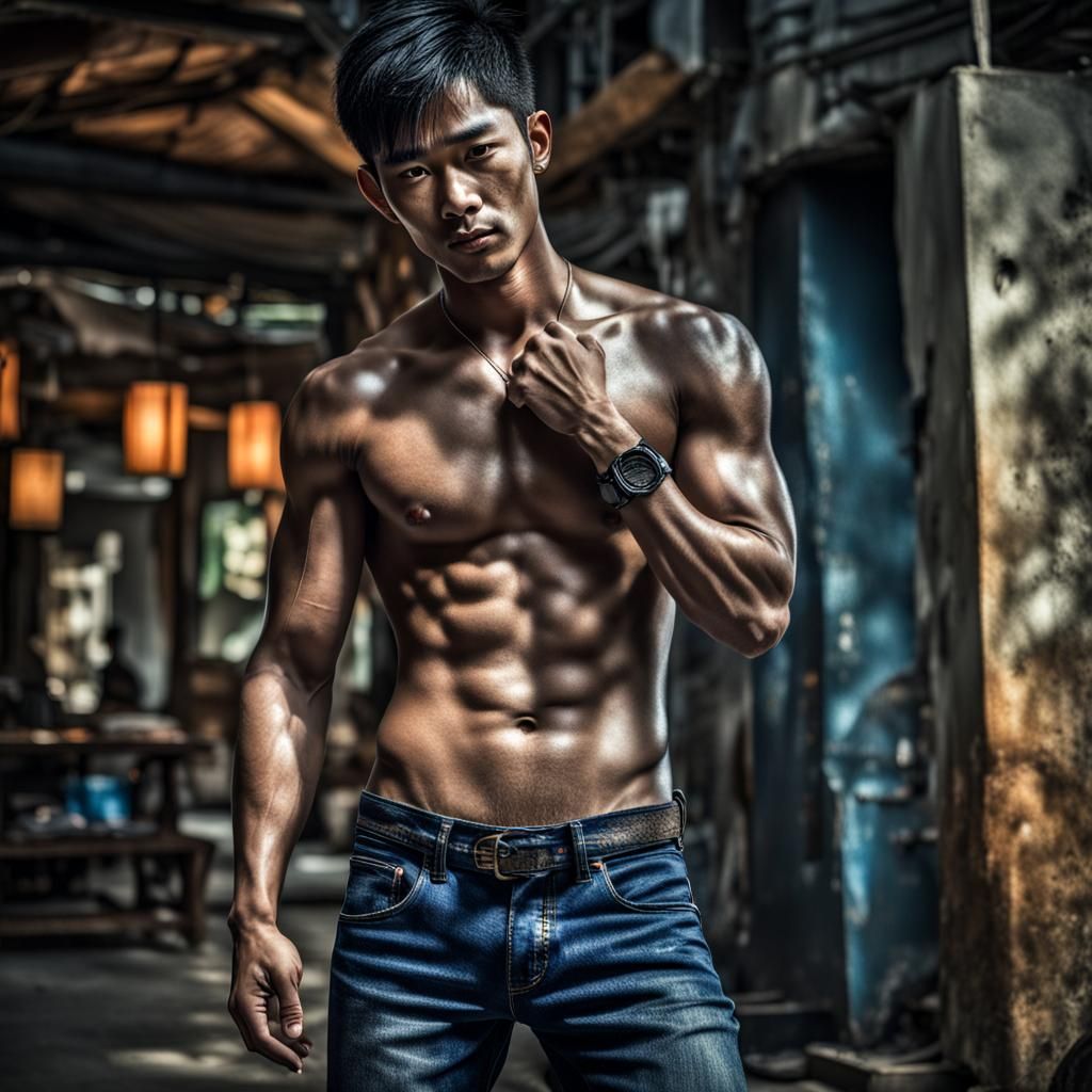 Hyperrealistic Vietnamese Man with Sixpack in Jeans