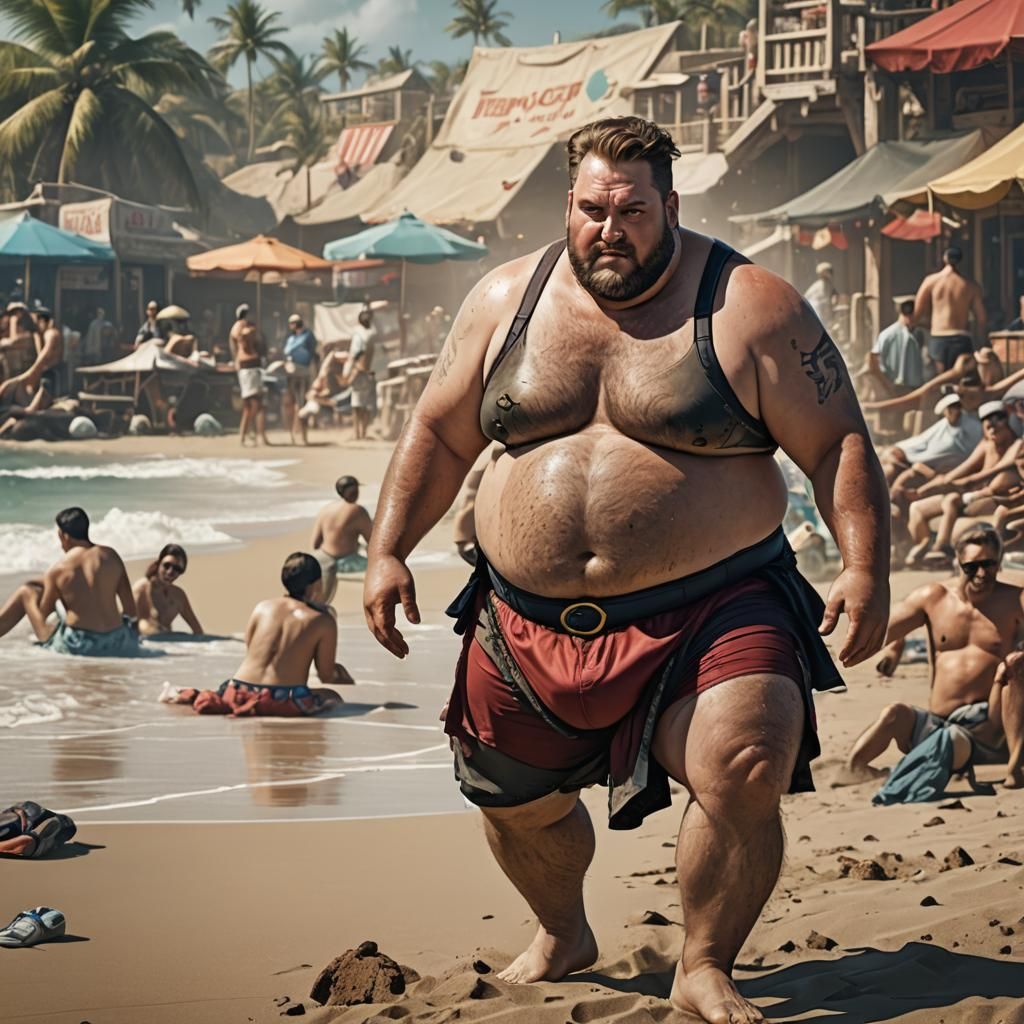 Detailed Painting of Overweight Man on Beach