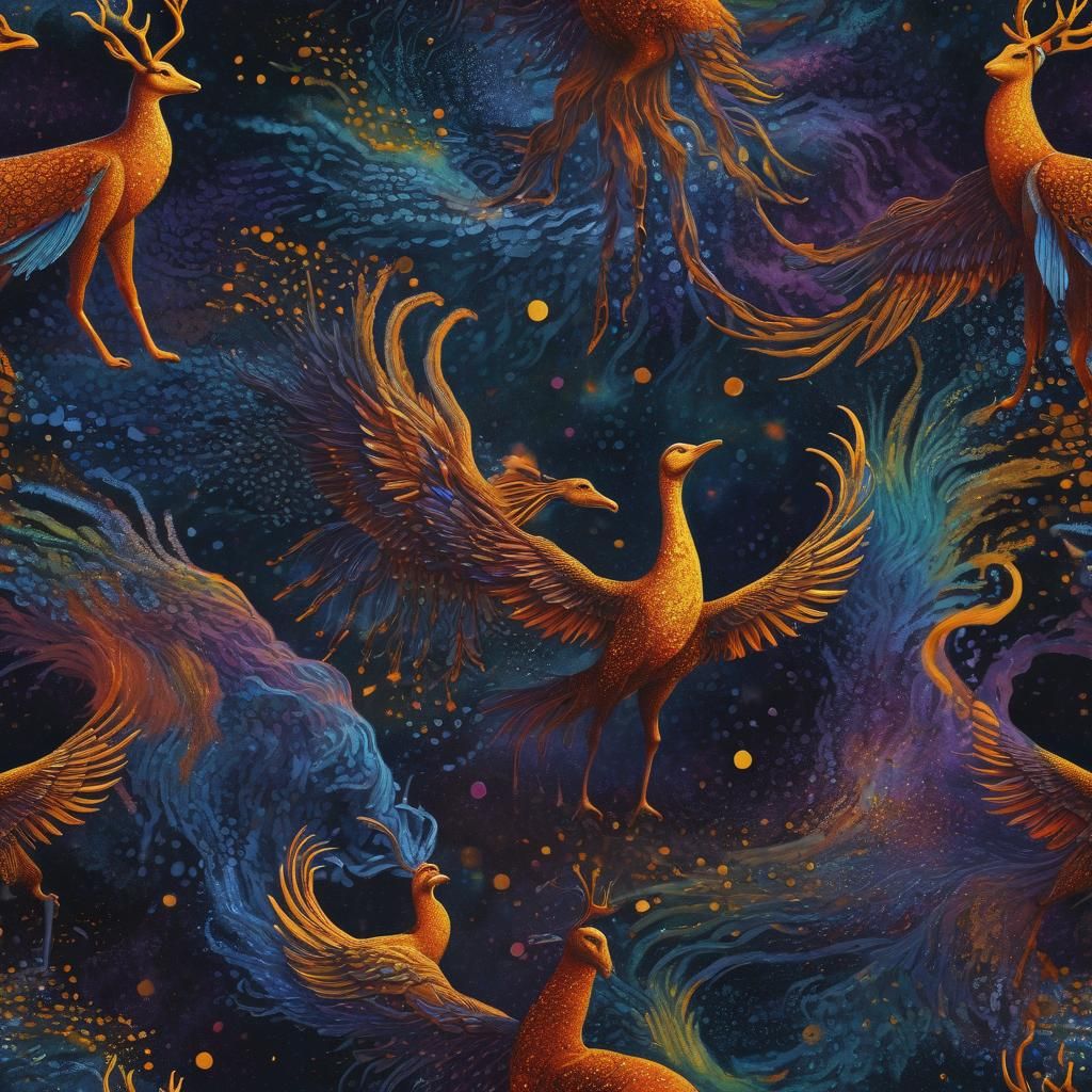 Pointillist Phoenix, Sea Whip, and Stag in Shadow