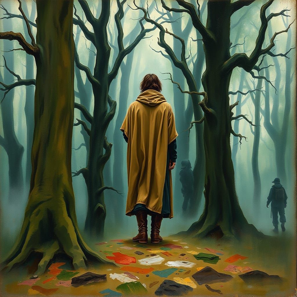 Traveler in Misty Forest: Gouache Impressionism