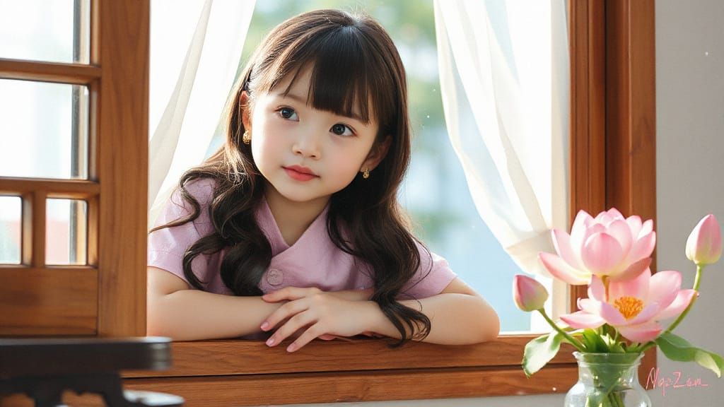 Dreamy Watercolor of Chinese Girl by Window