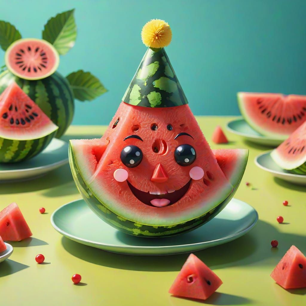 Whimsical Smiling Watermelon With Party Hat