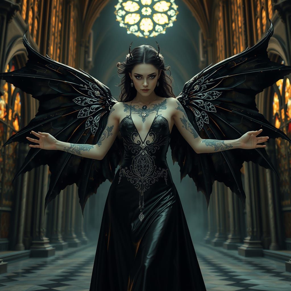 Ethereal Gothic Goddess in Stained Glass Cathedral