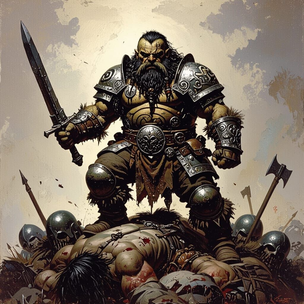 Dwarf Warrior Victory Over Orcs in Dark Fantasy Style