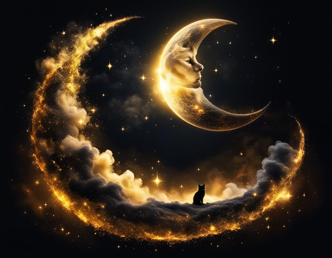 Celestial Kitten Playing in Astronomical Golden World