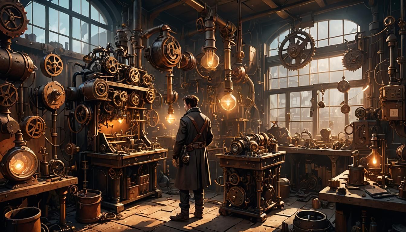 Steampunk Inventor in Workshop Concept Art