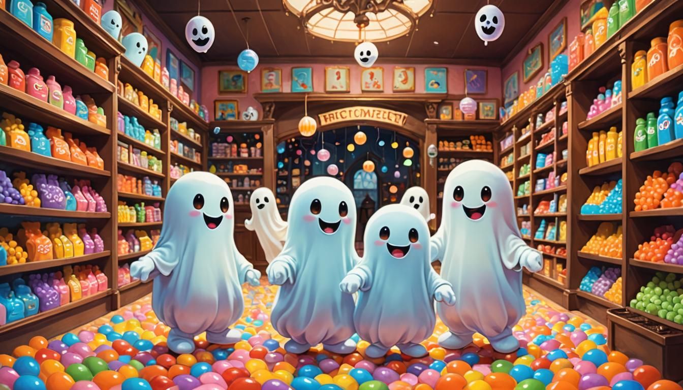 Cute Ghosts Enjoying Chocolate in Candy Store
