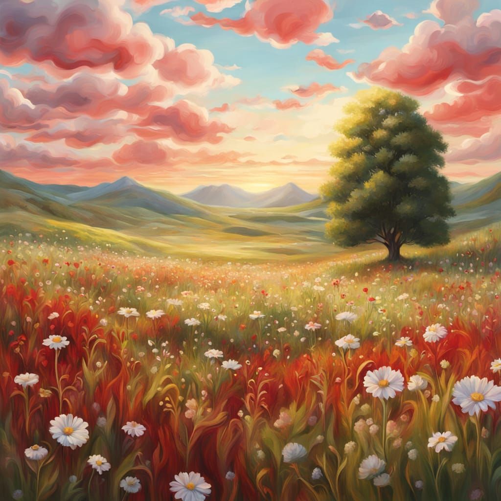 Surreal Gingham Meadow at Golden Hour