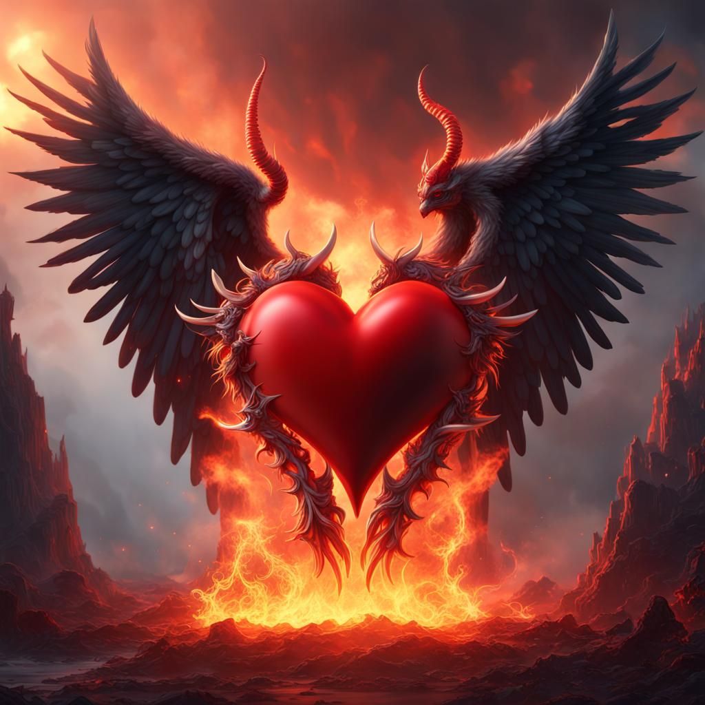 Fiery Heart with Angel and Demon Wings