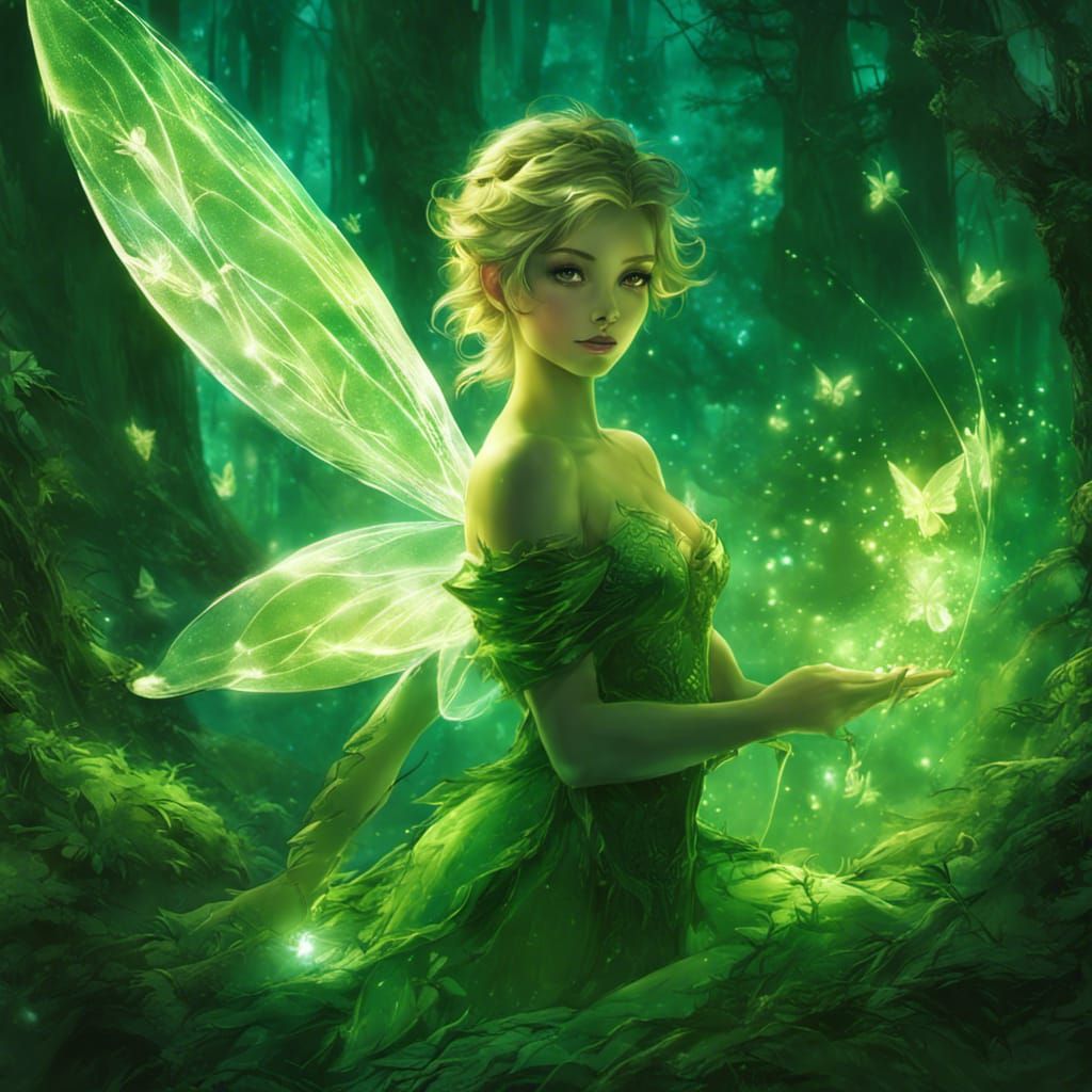 Tinkerbell in Bioluminescent Enchanted Forest