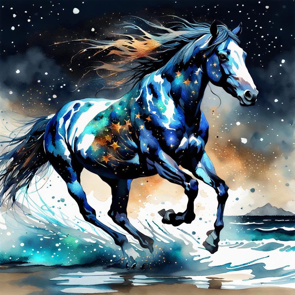 Wild Horse Runs by the Sea: Watercolor Galaxy