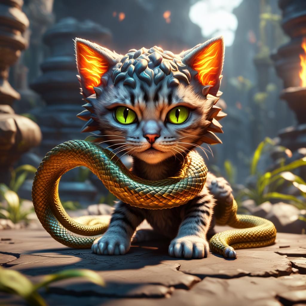 Cute Kitten with Medusa Snake Fire in 3D