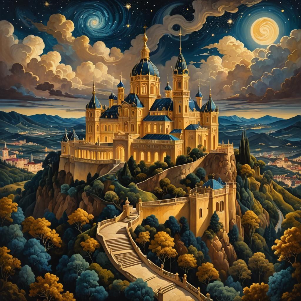 Majestic Palace Under Starry Skies: Maximalist Oil Painting