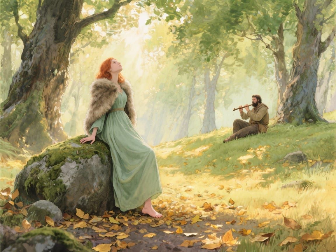 Dreamlike Forest Clearing with Woman and Flutist