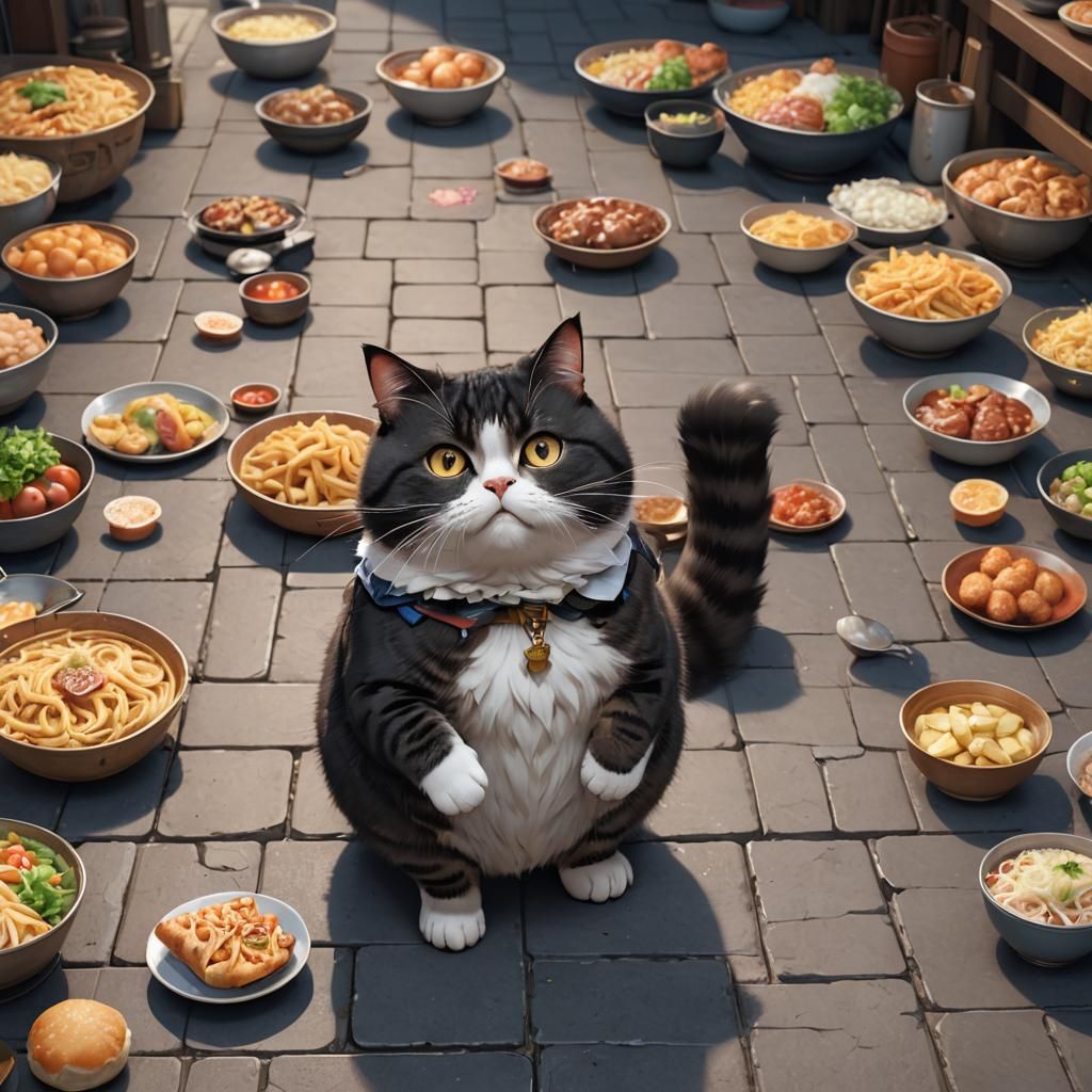 Begging Fat Cat in Detailed 3D Anime Style