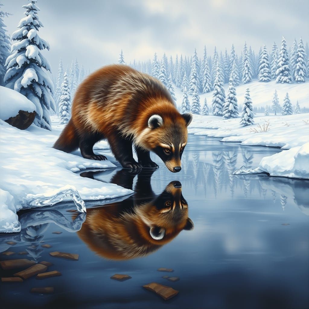 Wolverine Drinks from Frozen Stream in Detailed Oil Painting