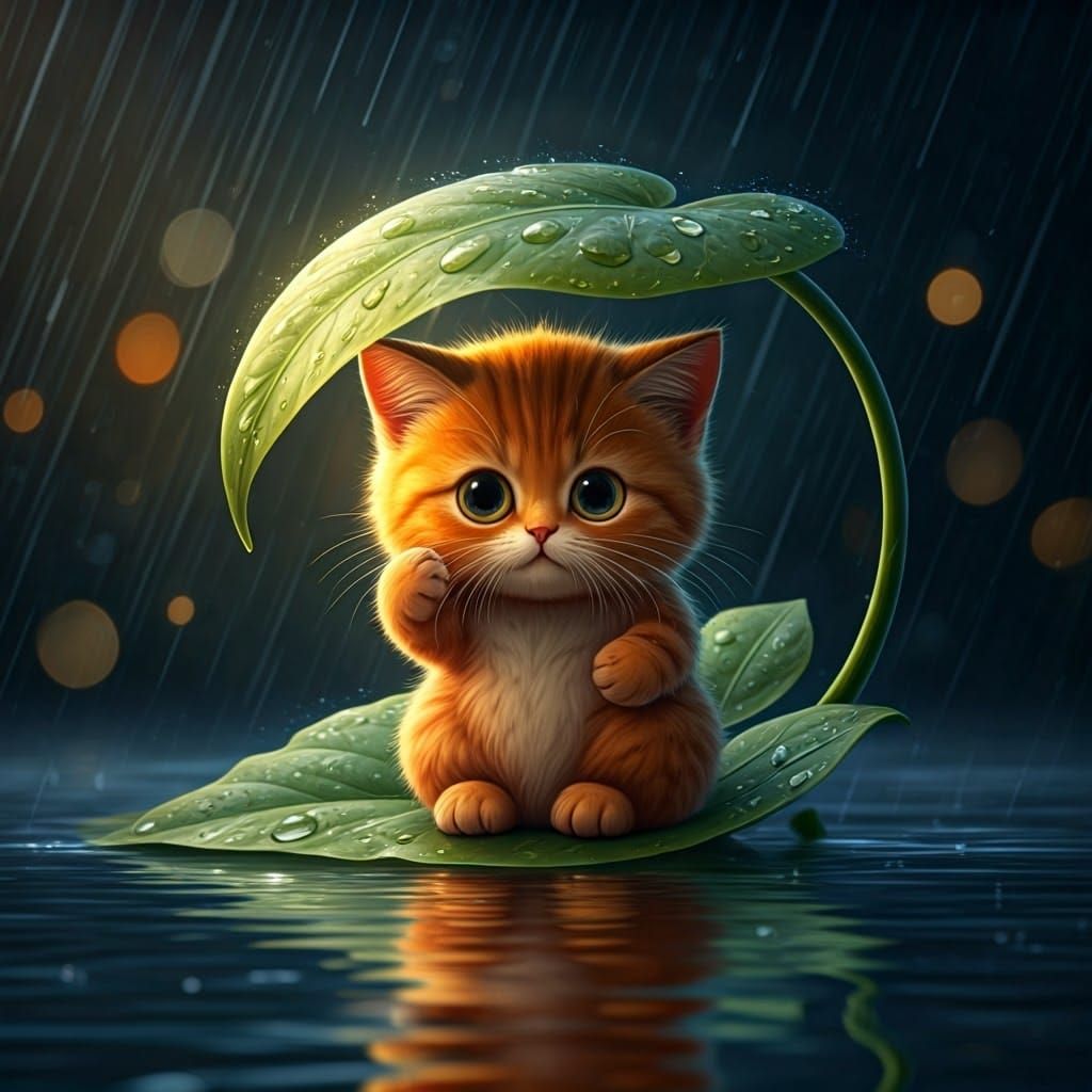 Whimsical Pumpkin-Kitty Seeks Shelter from the Rain