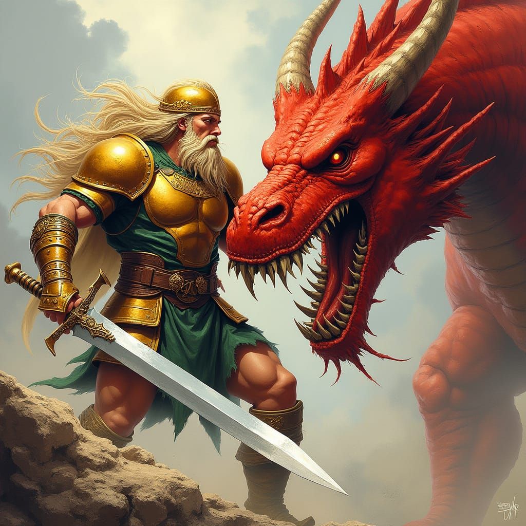 Sigurd Slaying Dragon in Frazetta, Bisley, Madureira Style