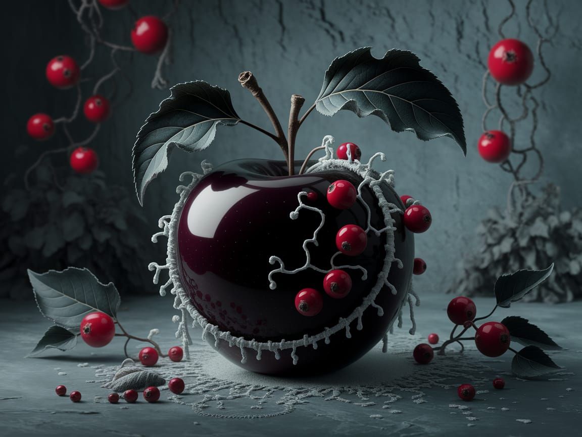 Dark Glossy Apple in Mystical Landscape