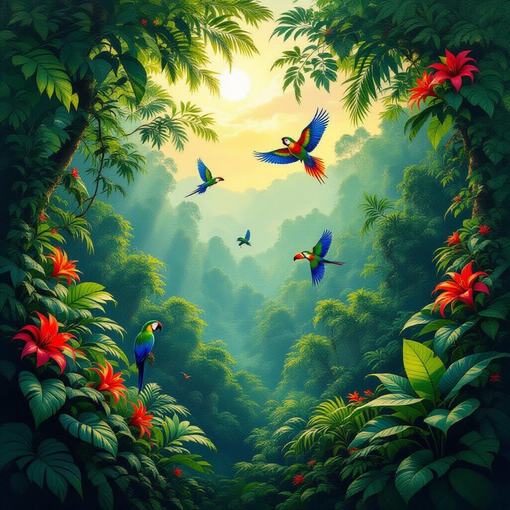 Vibrant Rainforest Birds in Golden Hour Light